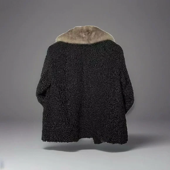 Meyer Epstein Furs London Ontario Unique Black Lambswool Coat With Mink Fur Trim - Picture 3 of 14